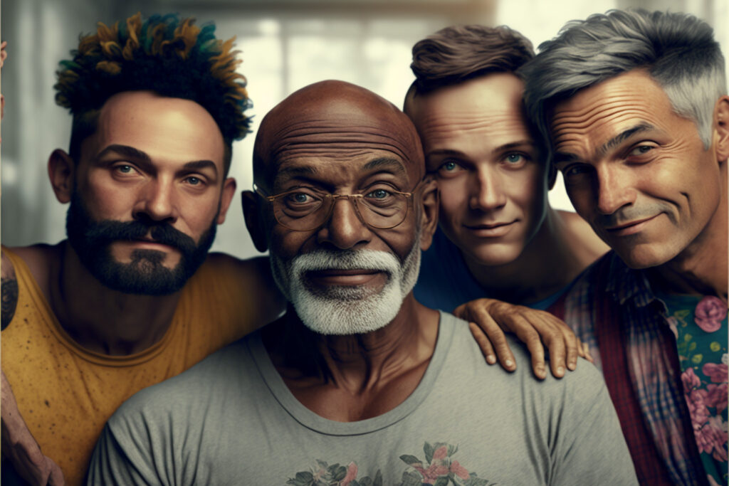 a group of diverse gay friends of different ages
