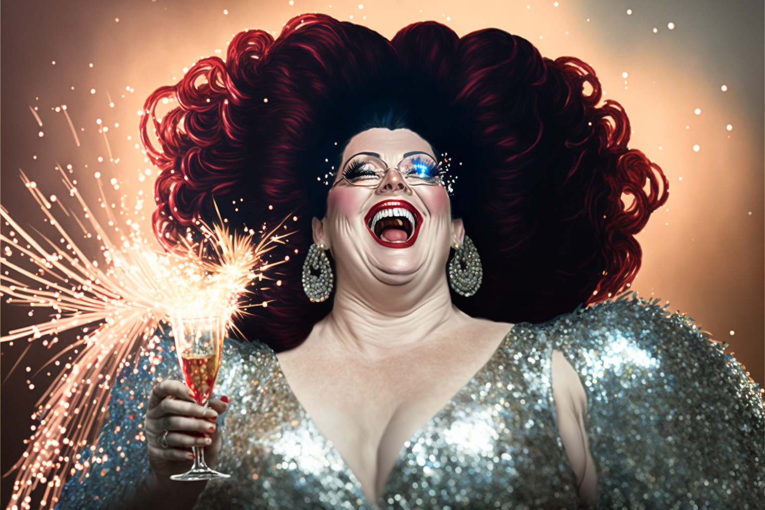 drag queen smiling, laughing, with huge hair with champagne flute Infront of fireworks