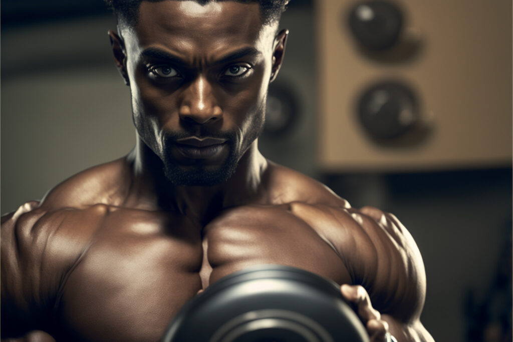 handsome gay black model working out with dumbbells in the gym