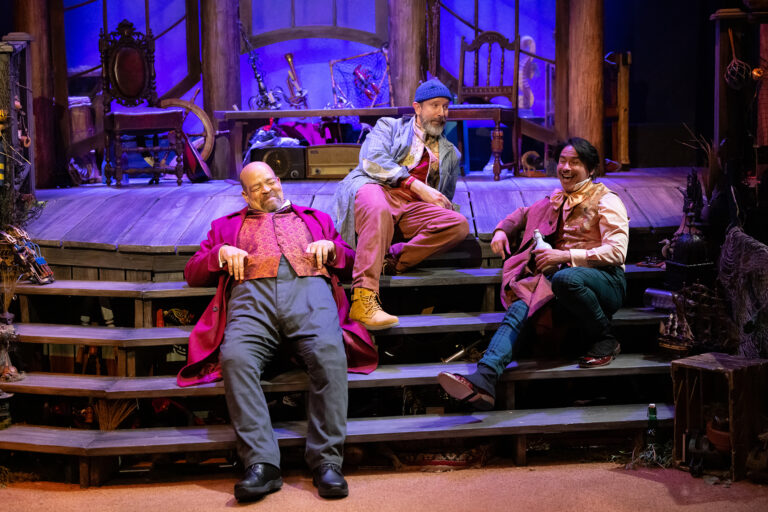 Brian Anthony Wilson as Sir Toby Belch, Charlie DelMarcelle as Feste, and J Hernandez as Sir Andrew in Lantern Theater Company's production of William Shakespeare's Twelfth Night, directed by Charles McMahon, on stage now through June 18, 2023.
