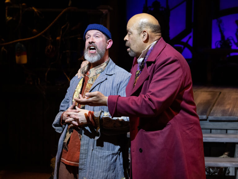 Charlie DelMarcelle as Feste and Brian Anthony Wilson as Sir Toby Belch in Lantern Theater Company's production of William Shakespeare's Twelfth Night, directed by Charles McMahon, on stage now through June 18, 2023.