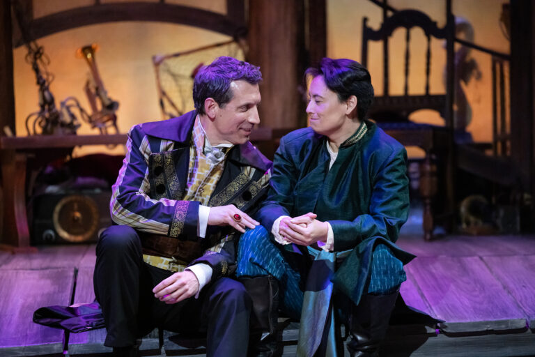 Damon Bonetti as Orsino and Joanna Liao as Viola in Lantern Theater Company's production of William Shakespeare's Twelfth Night, directed by Charles McMahon, on stage now through June 18, 2023.