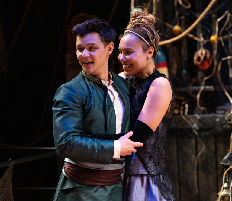 Tyler S. Elliott as Sebastian and Melissa Rakiro as Olivia in Lantern Theater Company's production of William Shakespeare's Twelfth Night, directed by Charles McMahon, on stage now through June 18, 2023.