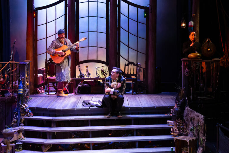 Charlie DelMarcelle as Festa, Damon Bonetti as Orsino, and Lee Minora as Maria in Lantern Theater Company's production of William Shakespeare's Twelfth Night, directed by Charles McMahon, on stage now through June 18, 2023.