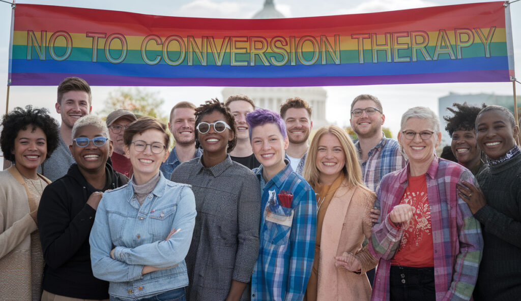 Photograph of a diverse and joyful group of individuals standing together under a rainbow banner that reads 'NO TO CONVERSION THERAPY,' symbolizing unity, support, and advocacy for LGBTQ+ rights